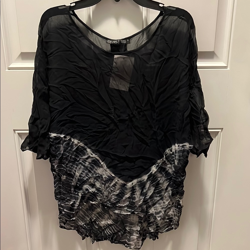 Gypsy 05 Black and Gray Asymmetrical Ruched Blouse
